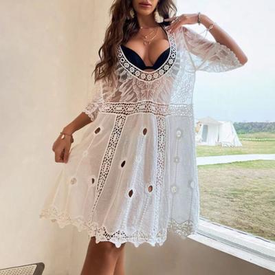 Bikini Cover-up Sunscreen Soft Fabric Sweet Sexy Thin Half Sleeves See-through Lace