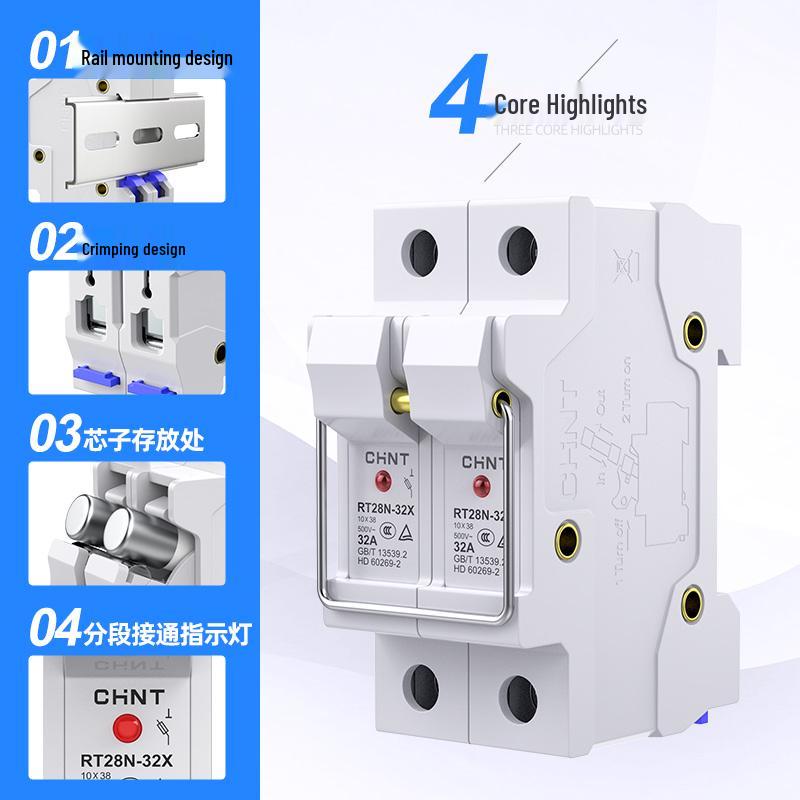 Chint RT28N-32/32X/63/63X DIN Rail Lighted Fuse Holder 1P2P, 10x38mm