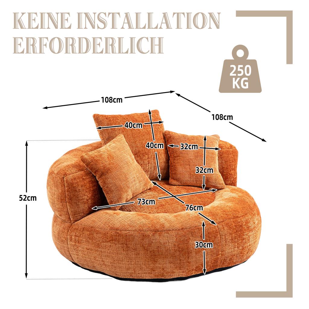 Lazy Sofa Lounger High Back Bean Bag Chair with Three Cushions for Adults and Children, Gaming Chair for Bedroom, Office (Orange Chenille)