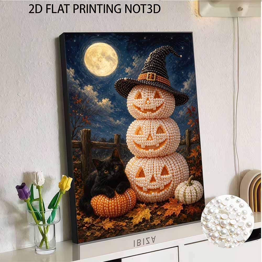DIY Pearl Bead Art Canvas Witch Pumpkin Cat Pattern Frameless 3D Painting Kit for Bedroom Living Room Home Wall Decor Art