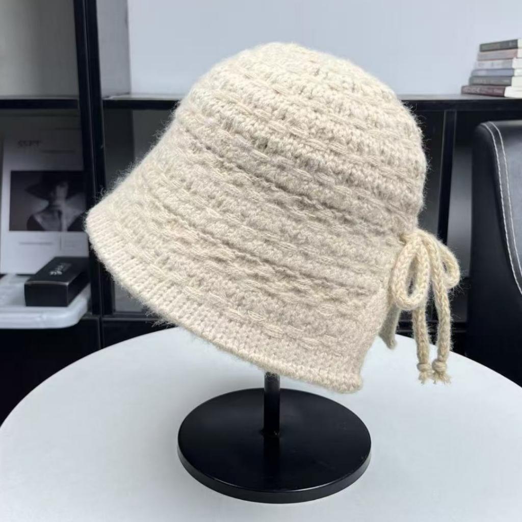 Back split bow shows small face Korean knitted bucket hat basin hat women's autumn and winter sweet warm ear protection bucket hat