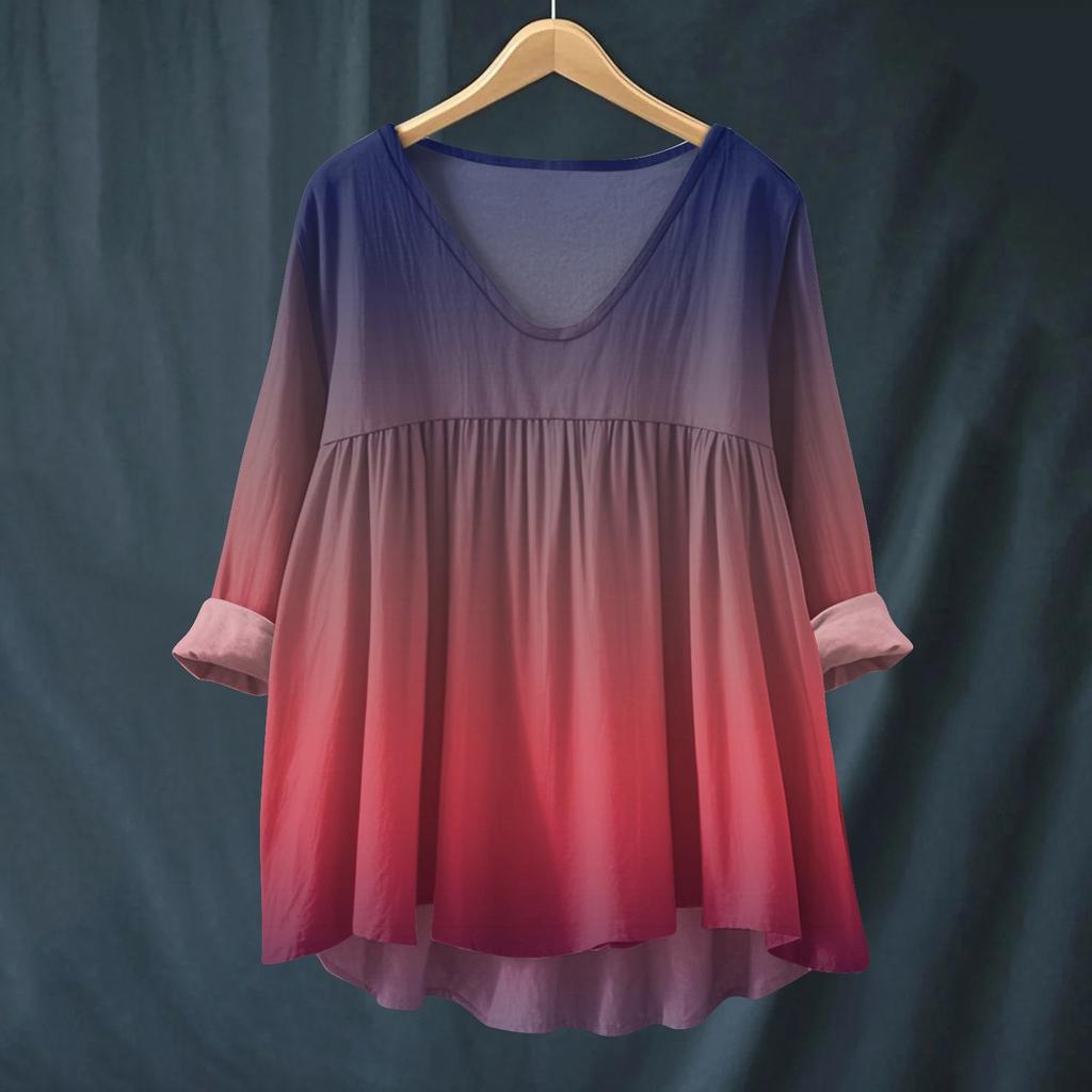 Women's Fashionable And Casual Shirt Long-sleeved V-neck Print Cotton And Linen Blouse