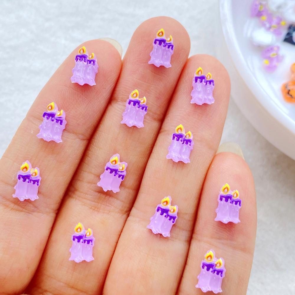 50pcs Resin Cute Mini Cartoon Halloween Black Cat, Ghost, Skull Candle Nail Art Flatback Rhinestone DIY Scrapbook Decor Crafts