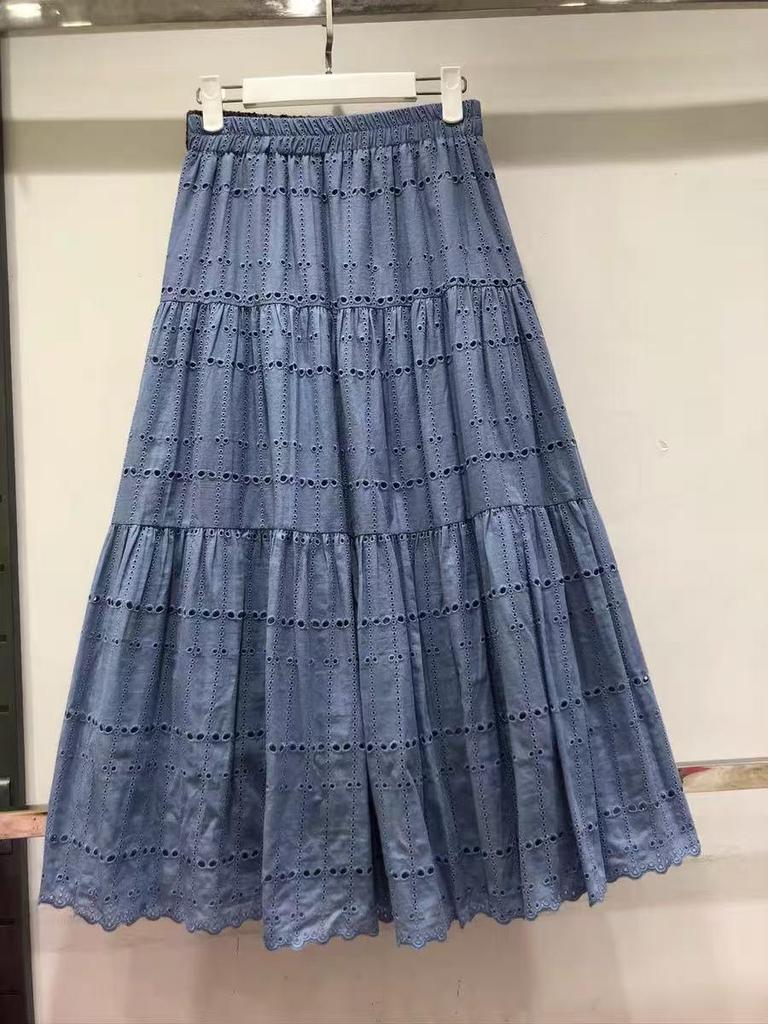 Autumn French Chic Cotton Embroidered Lace Midi Skirt with Flare Umbrella Style