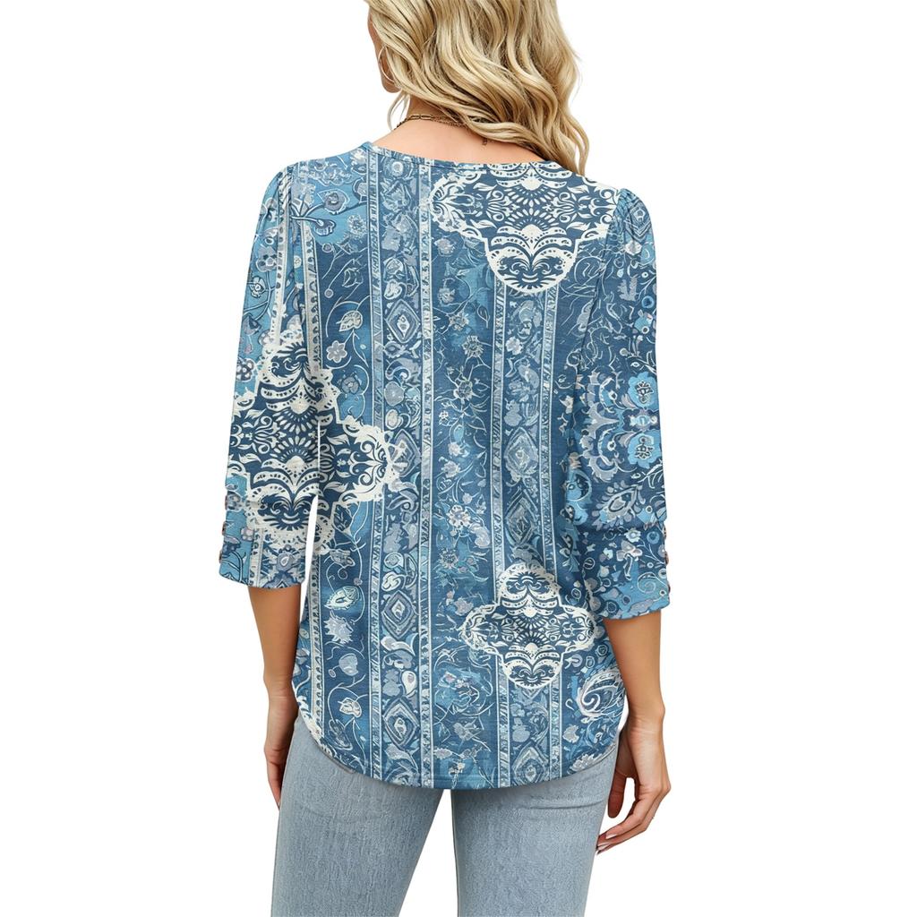 Damen Casual Lockere Passform Dreiviertelarm Oberteil Rundhalsausschnitt Bohème-Print Bluse Leichter Bequemer Stoff Geeignet für den täglichen Gebrauch