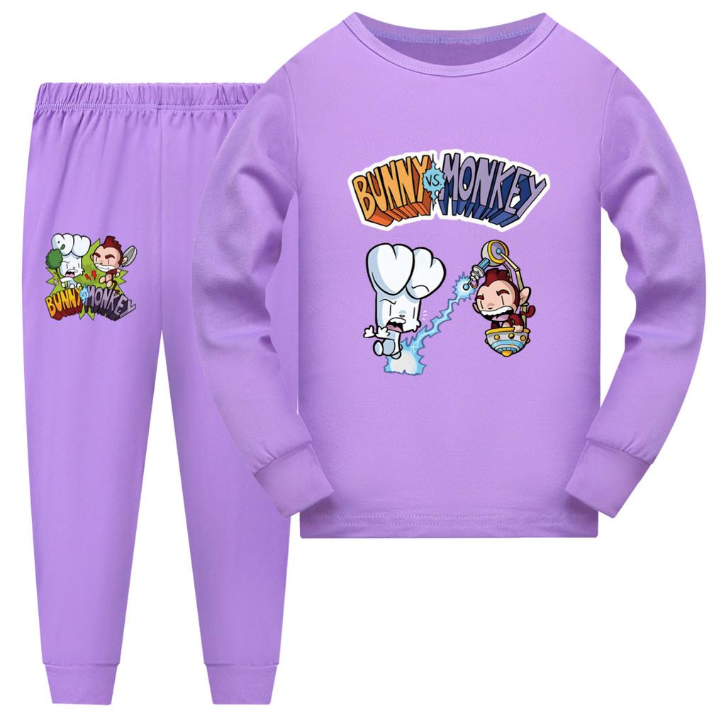 4187 Children Boys Girls Bunny Monkey Print Long Sleeves Top Pants Pajamas Sleepwear Sleeping Sets 110cm фиолетовый