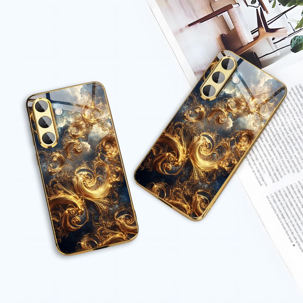 Gold-plated tempered glass phone case, compatible Galaxy S26, S25, S24, S23, and S22 Ultra Plus. Features a gold textured design