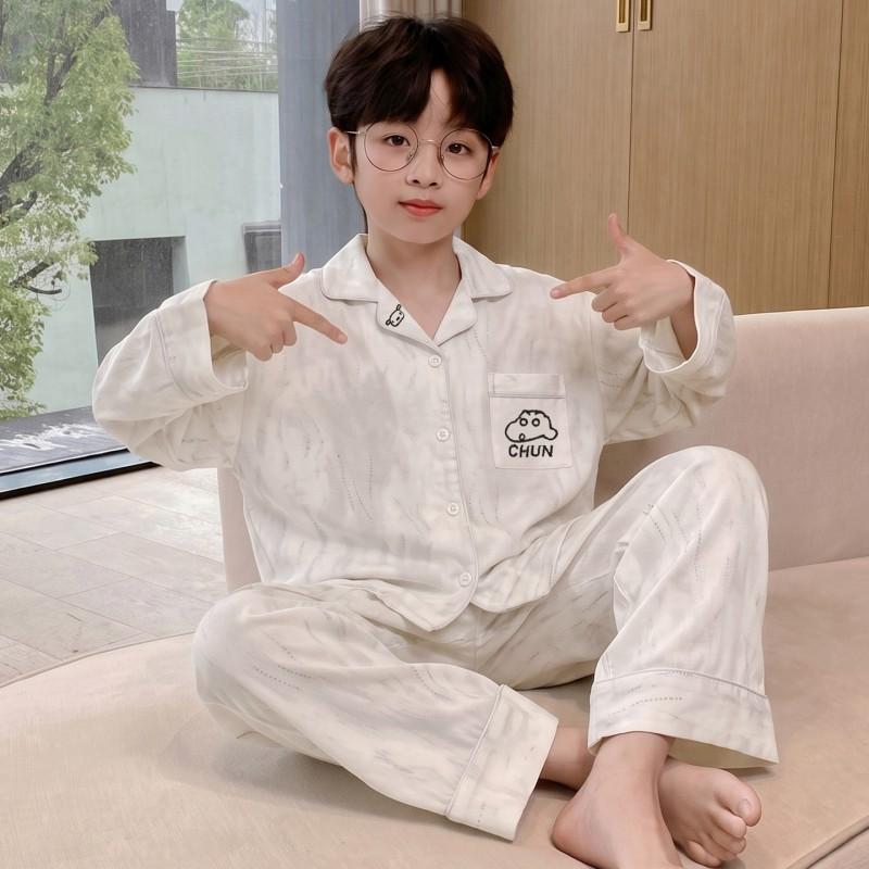 Boys Long Sleeve Cotton Pajamas Set Cartoon Print Soft Sleepwear Kids Teens Home Wear
