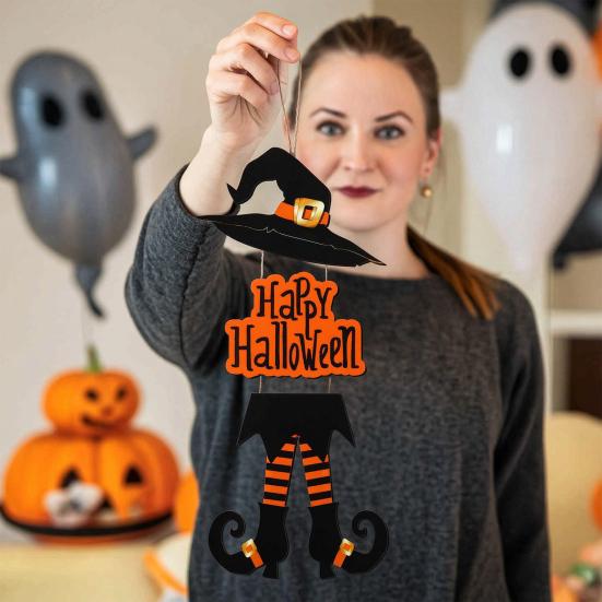 Happy Halloween Welcome Sign Witch Legs Hat Hanging Wooden Wall Decor Rustic Front Door Hanger for Porch Wall Indoor Outdoor Decor