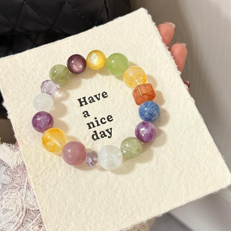 Handmade Natural Crystal Bracelet With Yellow Quartz Blue Kyanite Purple Lithium Mica Red Agate Beads Lightweight Luxury Style