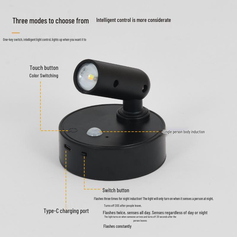 Kabellose LED-Wandleuchte mit verstellbarem Spot, Touch- und Fernbedienung, 3 Lichtmodi, keine Installation erforderlich – Perfekt für Schlafzimmer oder Flur.