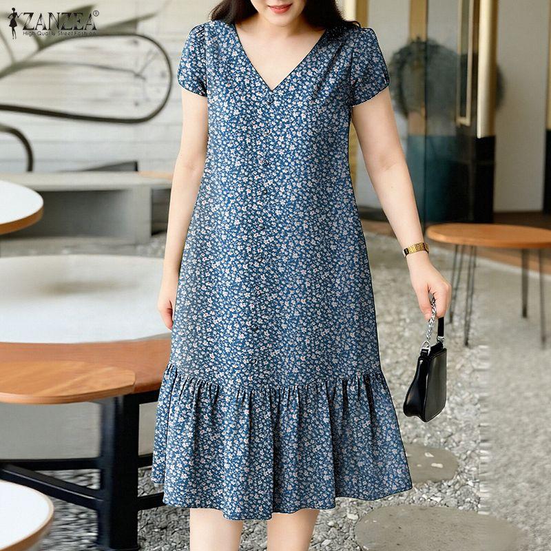 ZANZEA Women Casual V-Neck Floral Print Short Sleeve Dress