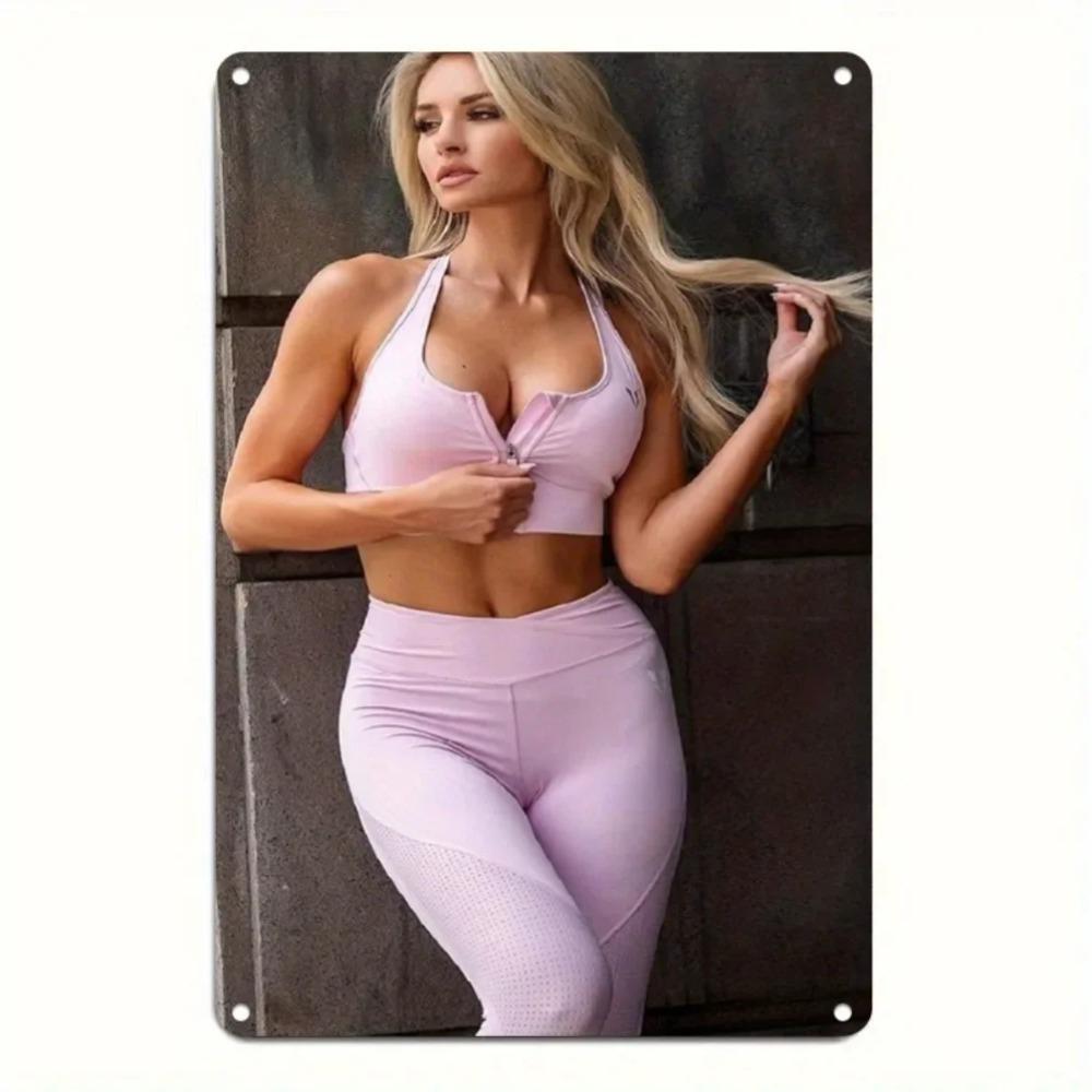 Hisun Tin Sign HD Metal Tin Sign Hot Blonde Model in Pink Sportswear Retro Metal Wall Art for Gym Decor x Inch