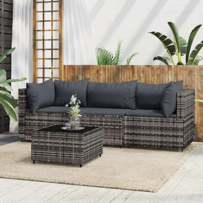 VidaXL Salon de jardin 4 pcs avec coussins Gris Résine tressée, ensemble de salon d'extérieur, ensemble de mobilier 319767