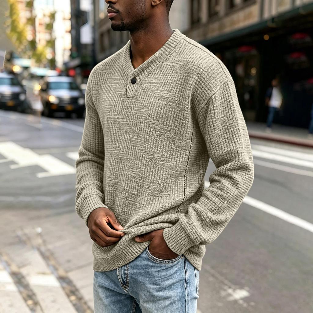 Men's V-Neck Knit Pullover Sweater with Long Sleeve for Fall and Winter