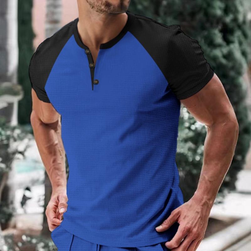 

Men Raglan Sleeve Textured Henley T Shirt Button Neck Slim Fit Casual Top S синий