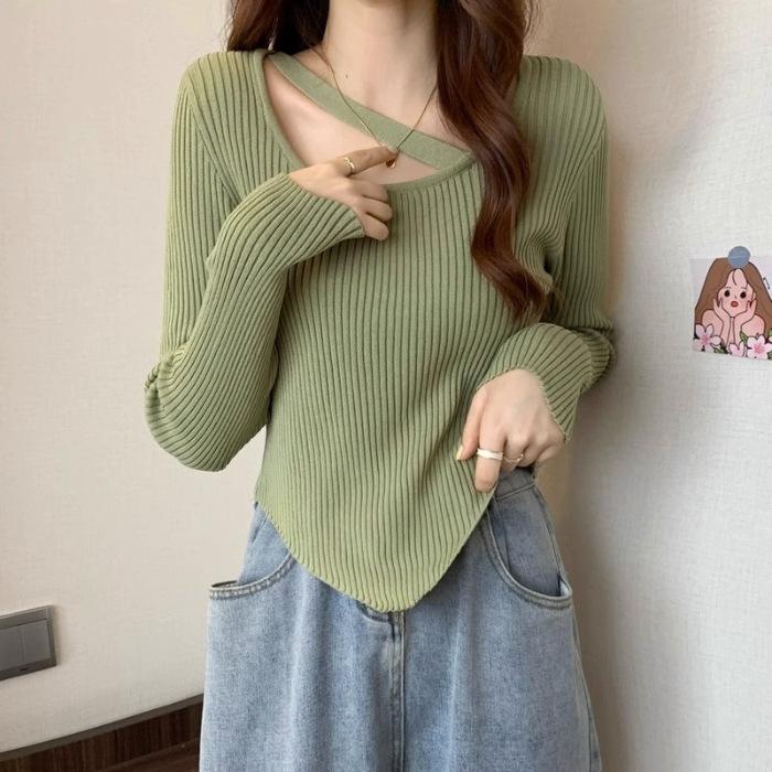 

Осень и зима Тонкий облегающий свитер с длинными рукавами и низом, модный дизайн, небольшой асимметричный короткий свитер для женщин One size