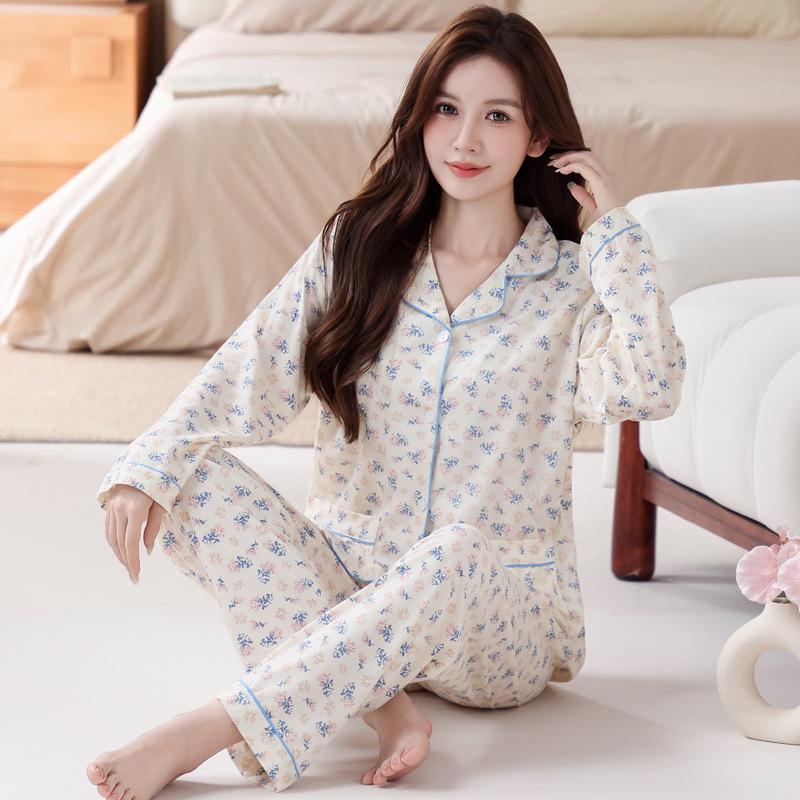 Plus Size Floral Pajama Set: Spring & Autumn, Long Sleeve, Comfortable Japanese Style for Middle-Aged Moms, Indoor/Outdoor Wear