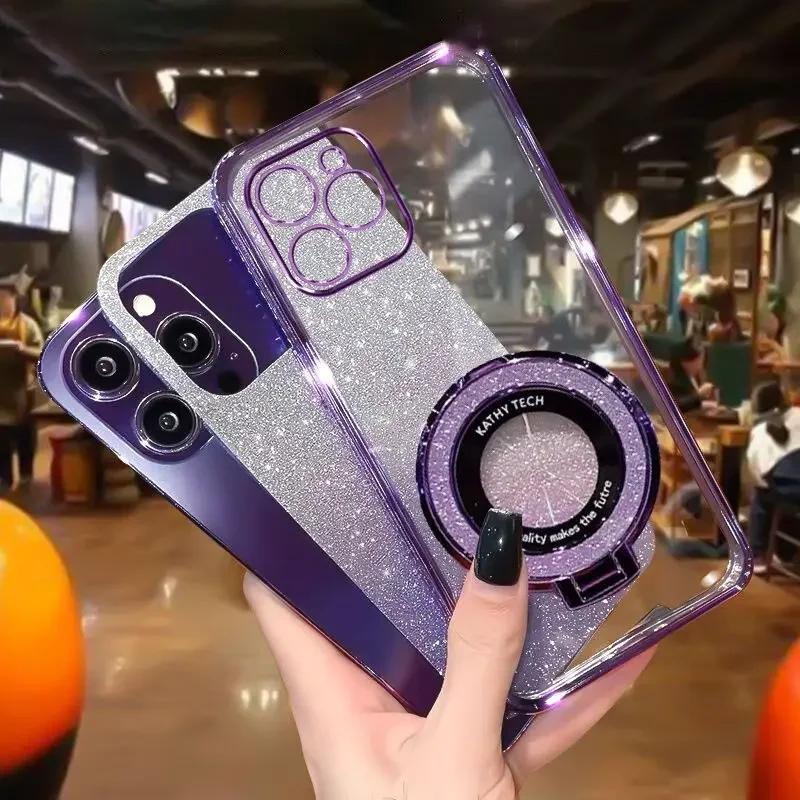 Luxury Plating For Redmi Note 14 Pro Plus 5G Magnetic Stand Holder Glitter Diamond Case For Redmi Note 14 4G/5G Silicone Cover