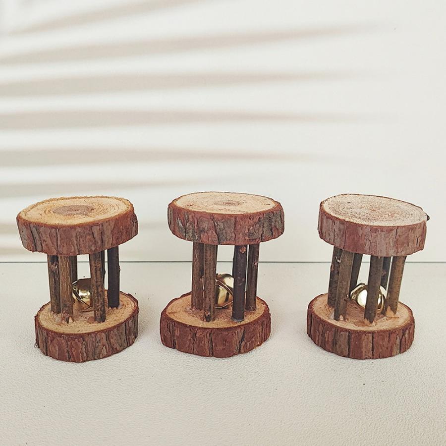 1PC Creative Wooden Pet Toy Small Dumbbell Bell Cat Dog Training Rolling Toy Cedar Tabletop Decoration