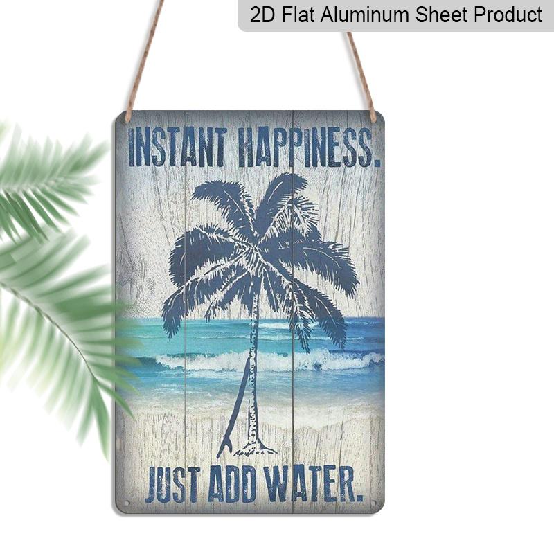 

2D Flat Vintage Tropical Beach Metal Wall Sign - Instant Happiness Just Add Water with Palm Tree & Ocean Waves, Rustic Aluminium Decor for Bar 20*30cm