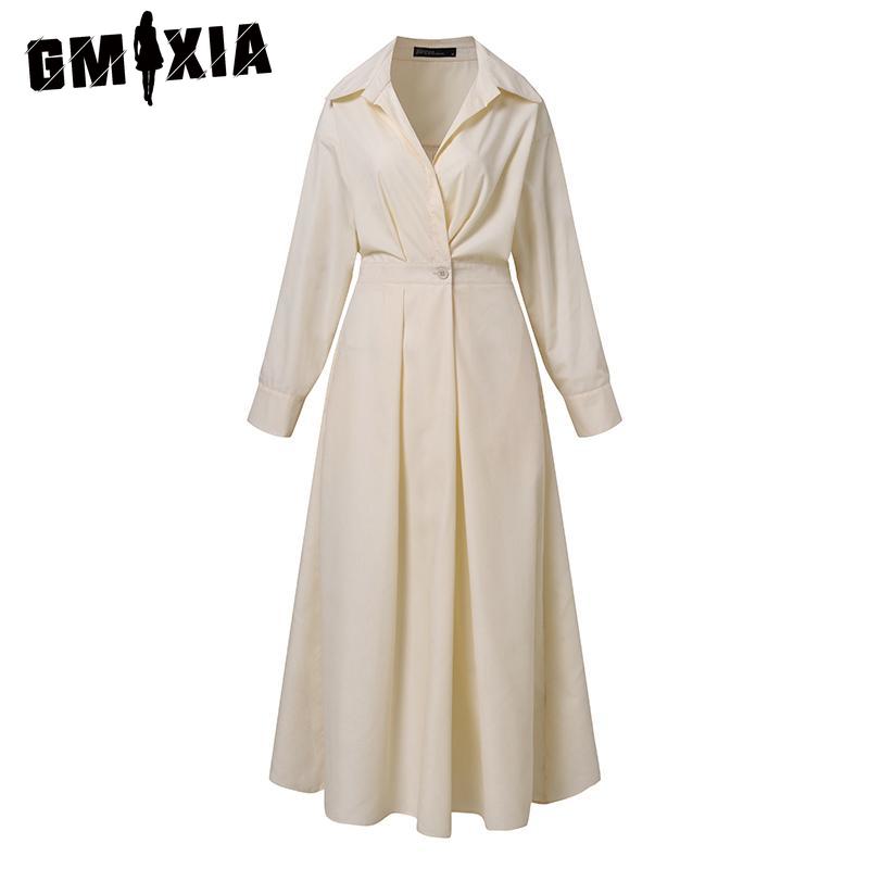 GMXIA Women Casual Loose Long Dress Turn-down Collar Long Sleeve