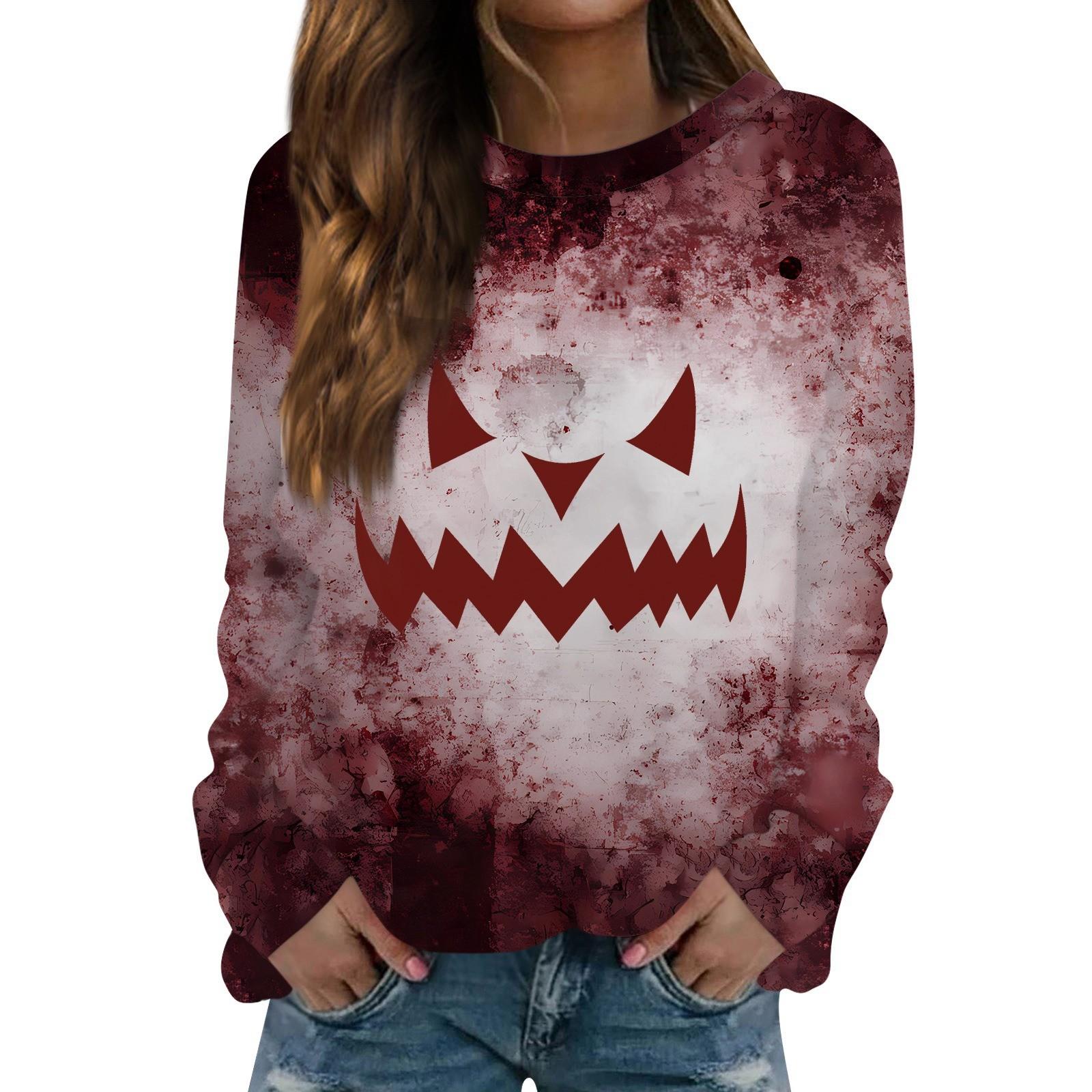 

Топы для женщин Женская повседневная мода Хэллоуин принт длинный рукав круглый вырез пуловер топ блузка Ropa De Mujer Y2k одежда S