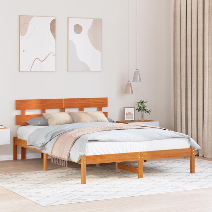 VidaXL Bed Frame with Waxed Brown Headboard 160x200 Cm Solid Pine Wood 872157