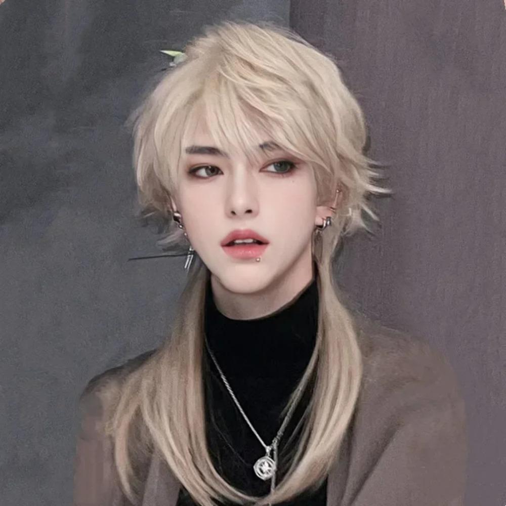 Heat Resistant Mullet Head Wigs with Bangs Straight Anime Men Wigs Long Cosplay Wig Party