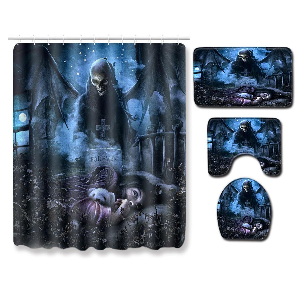Skull Shower Curtain Floor Mat Combination Four-Piece Set Bathroom Toilet Carpet Shower Room Mat Foot Mat