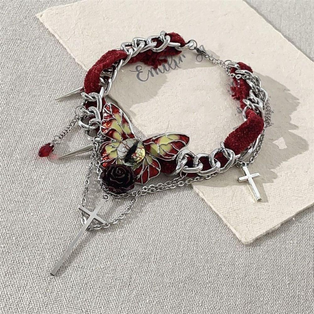 Eyes Y2K Velvet Necklace Gothic Style Tassel Beaded Necklace Vintage Butterfly Rose Choker Club