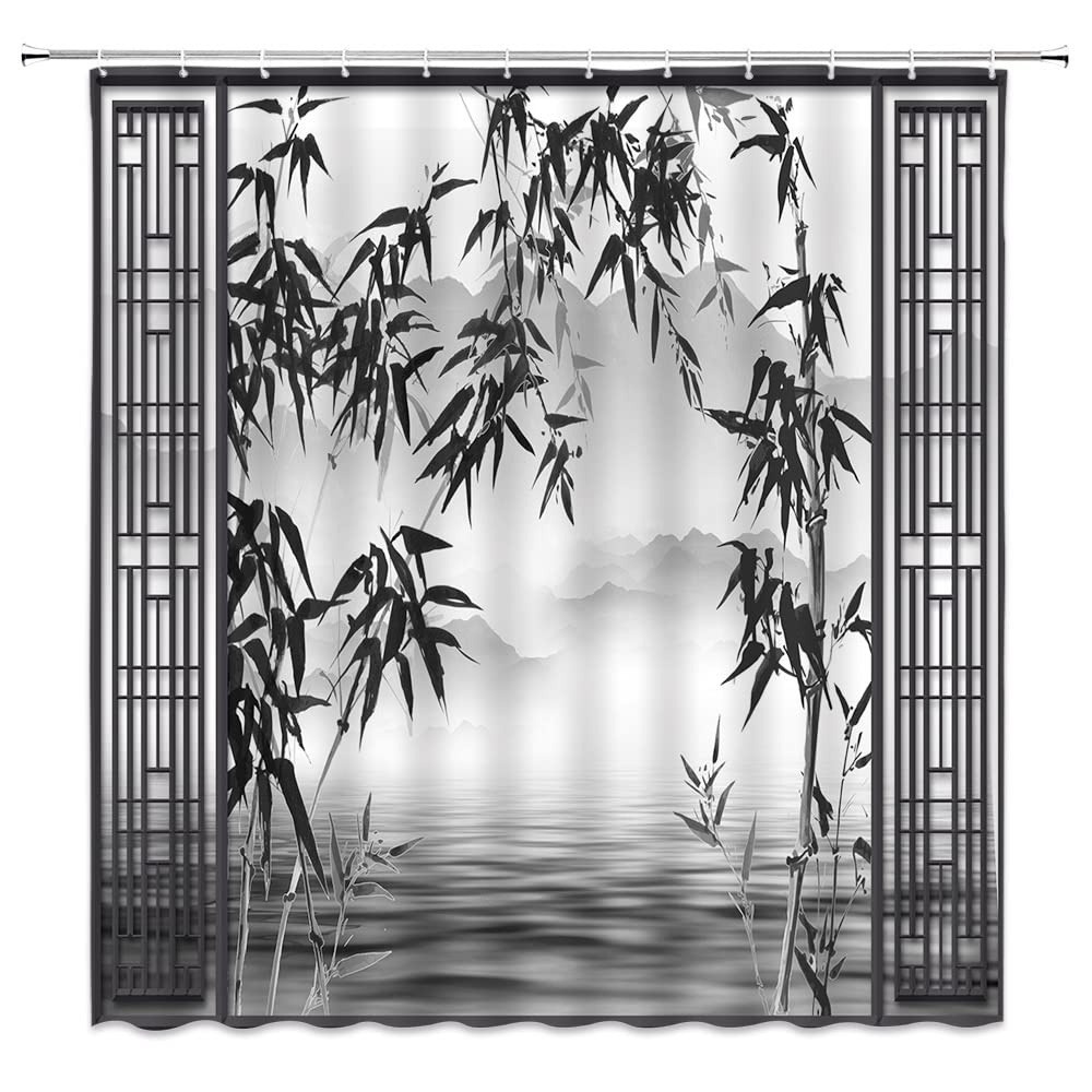 Landscape Shower Curtain Spring Season Pink Flower and Pavilion Scenery on Lake Chinese Style Bathroom Decor Hanging Curtain with Hooks