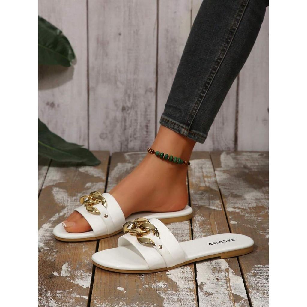 Women's Shoes, Fashionable Slippers for Ladies, Solid-colored Metal Decorations, Square-toed Flat Shoes, Comfortable Solid-colored Simple Slippers