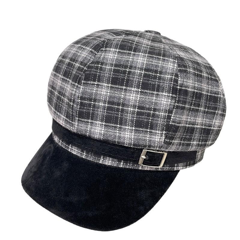 Vintage Brown Plaid Octagonal Hat For Women Winter Warm Fashion Cap
