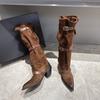 Cowhide Version Pointed Pile Boots Niche Design Retro Western Cowboy Boots Thick Heel Hot Girl Fashion Sense Long Boots Women