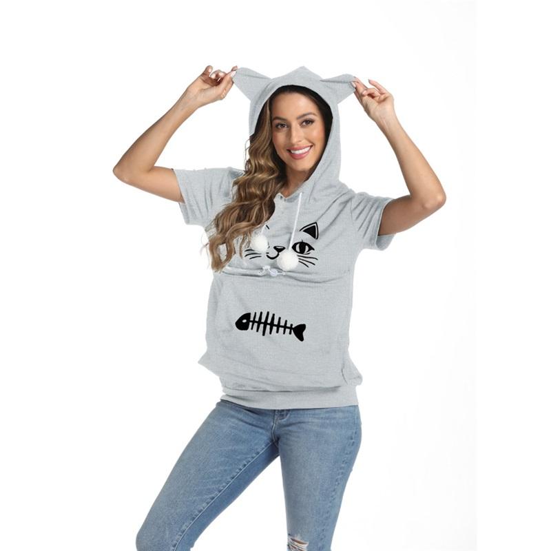 Women's summer cat face fish bone print loose large pocket short-sleeved hooded T-shirt