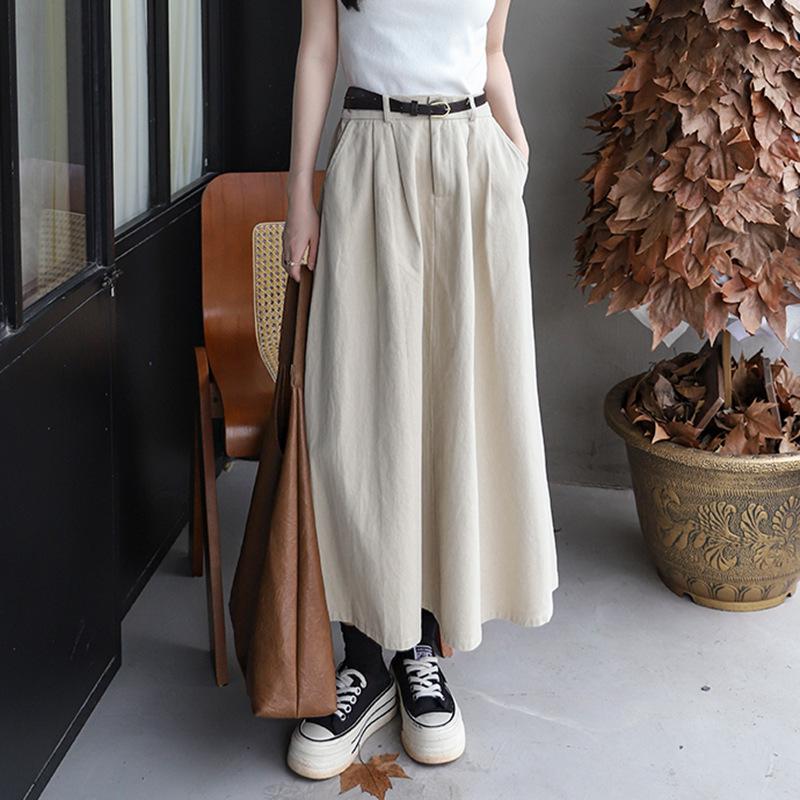 Versatile Washed Cotton Midi Skirt - High Waist, Solid Color, Double Pockets, Slimming A-line for Women, Early Autumn.