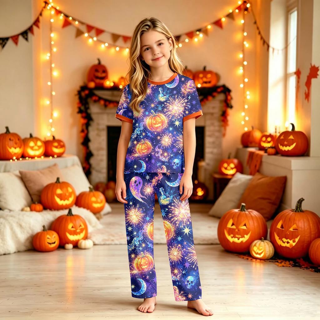 Family Matching Halloween Printed Loungewear Set Short Sleeve Top and Pajama Pants