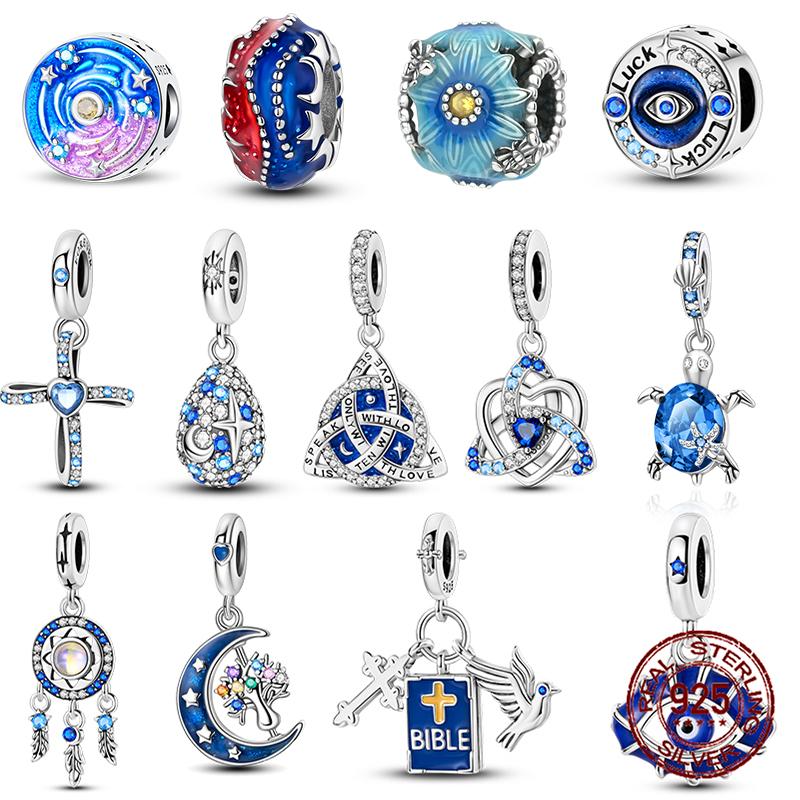 100% Real Copper Blue Series Eyes Peace Cross Charms Bead Fit Original Bracelet Plata Charms For Women