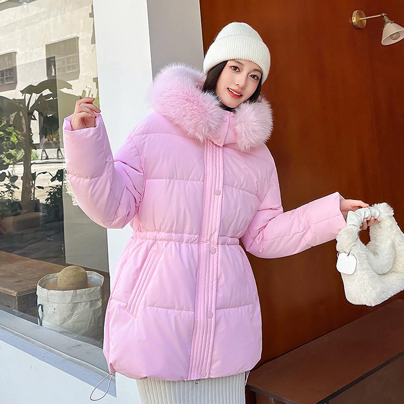 Giacca invernale da donna in cotone con cappuccio e colletto in pelliccia - Capo d'abbigliamento caldo di media lunghezza in stile coreano