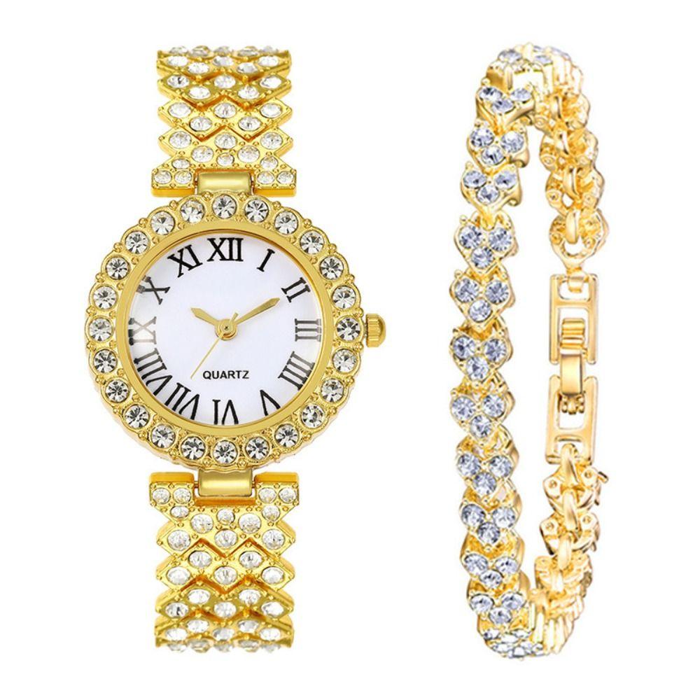 2PCS/Set Roma Dial Quartz Watches Stainless Steel Band Wrist Watch Bracelet Set  Women's Watch