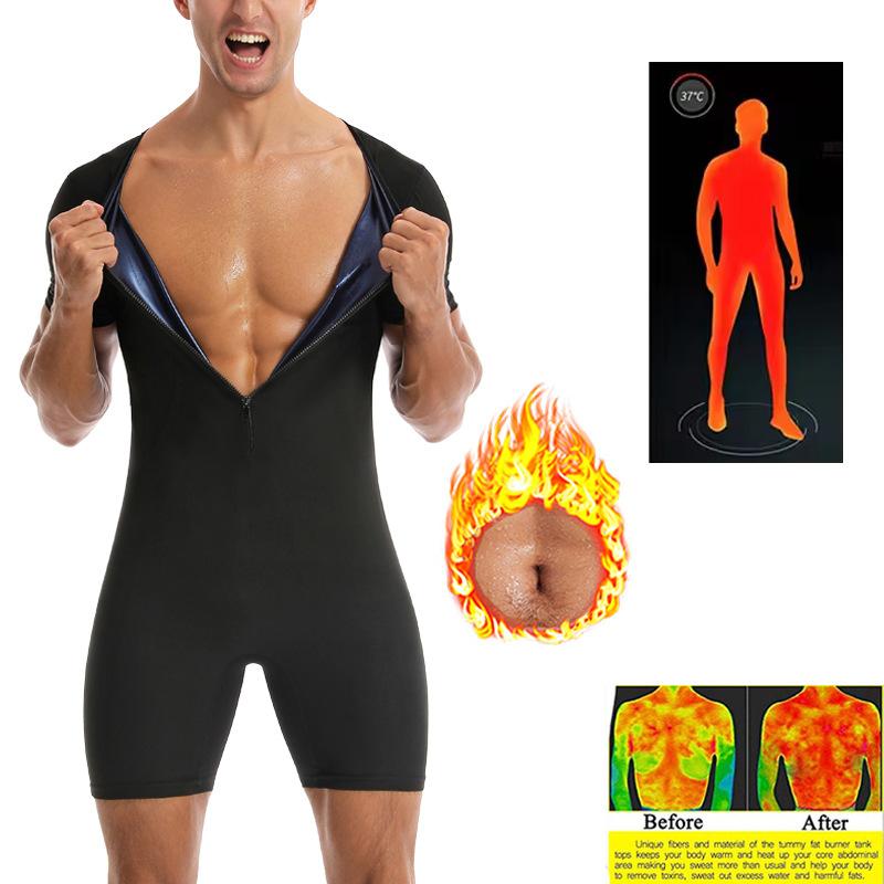 Heren Sauna Zweet Bodysuit, Rits Korte Mouw Volledige Lichaamsvormer Buikcontrole Trainingspak voor Sportschool Hardlopen