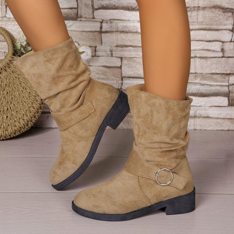 Women's Autumn Plus-Size Short Ankle Boots - Pleated, Outer-Wear, Belt Buckle, Square Heel, Slimming, Fashionable