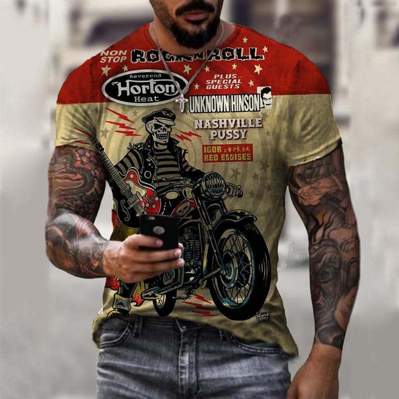 Top Estivo Girocollo Stampa 3D Motivo Motocicletta alla Moda Casual Manica Corta T-shirt da Uomo