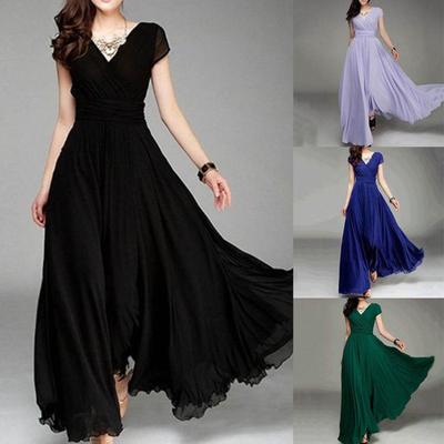 Plus Size Solid Color Women Party Gown V Neck Short Sleeve Slim Fit Maxi Dress