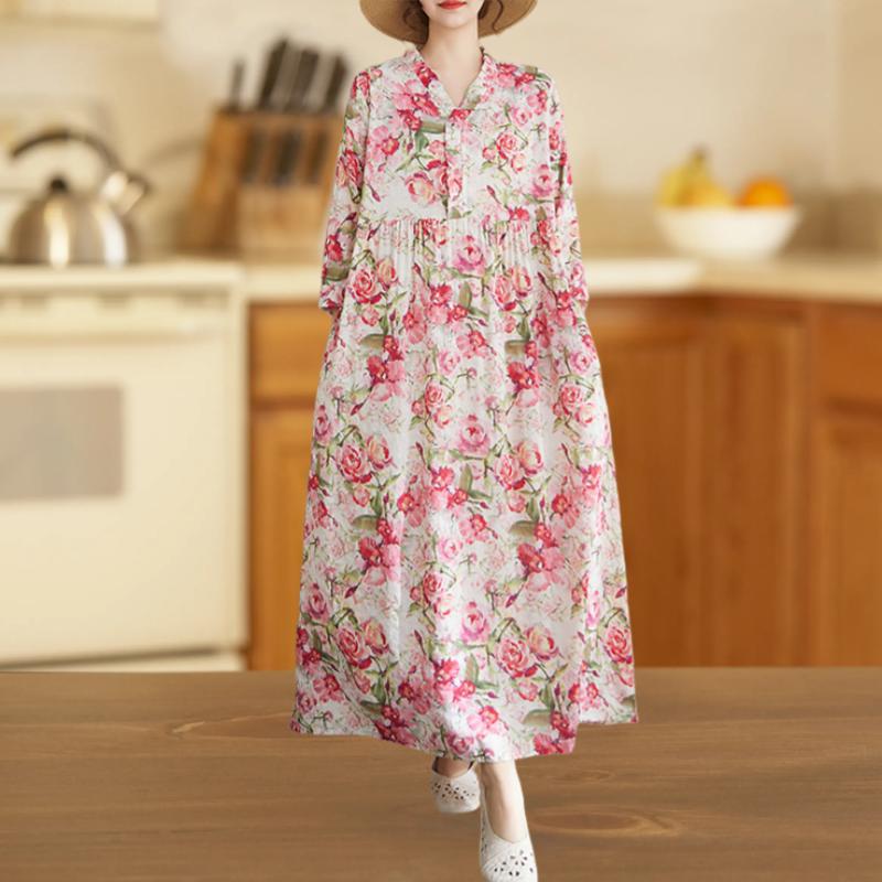 

Платье женское повседневное свободное весеннее осеннее с длинным рукавом, большого размера, хлопковое, винтажное, с цветочным принтом, новинка XXL