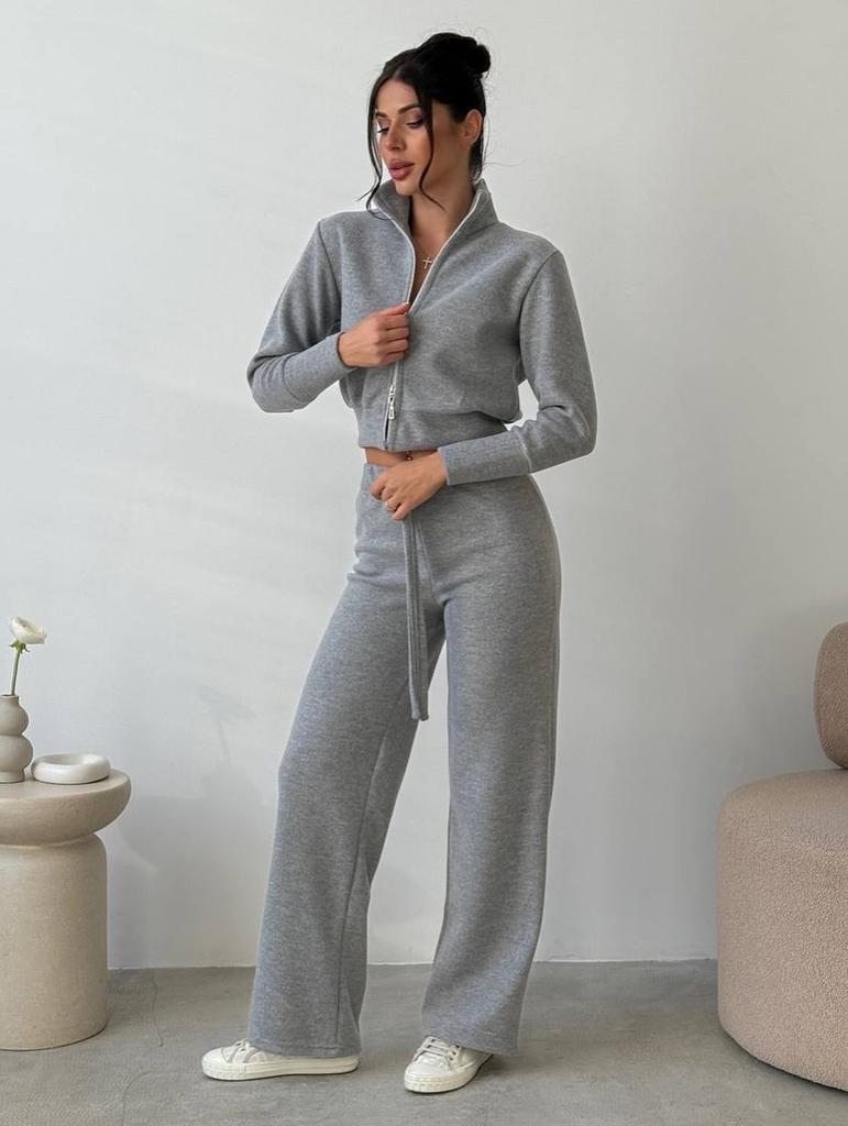 Autumn and Winter New European and American Women's Clothing Casual Solid Color Double Zipper Knitted Top Lace-up Wide-leg Pants Two-piece Set