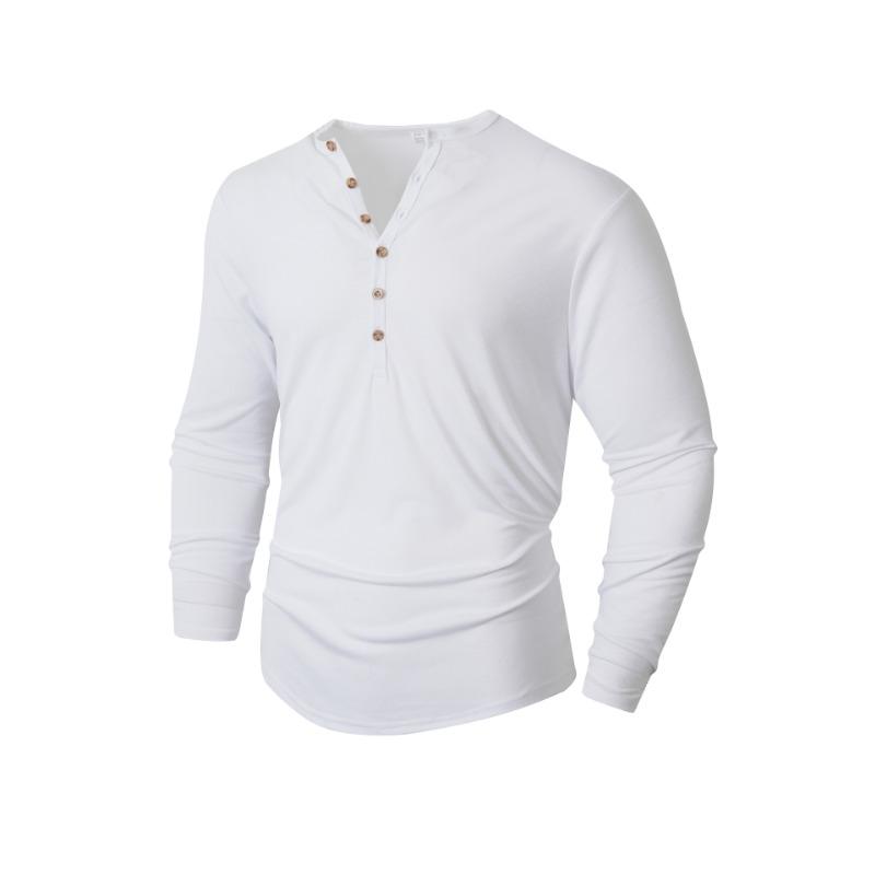 Nya långärmade knäppta avslappnade rundhalsade enfärgade toppar för män
