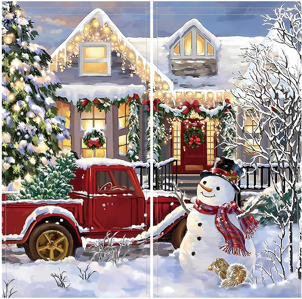 Christmas Curtain Red Truck House with Lights On Xmas Tree Colorful Light Pine Tree Bedroom Living Room Window Decoration Drapes
