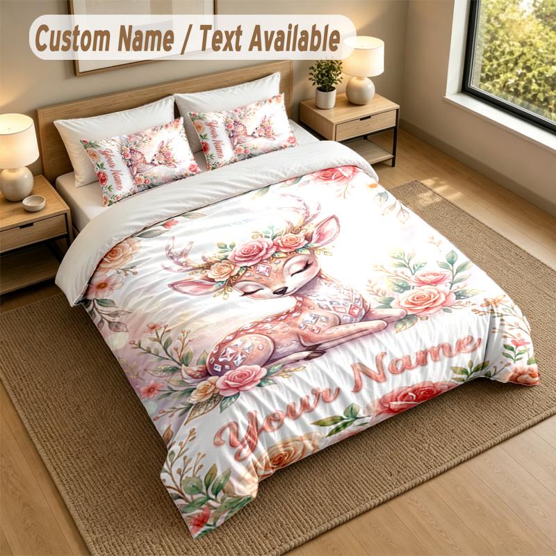 Deer Theme Personalized 3Pcs Bedding Set Custom Text & Name 1 Sheet 2 Pillowcases Household Bedding 1pc